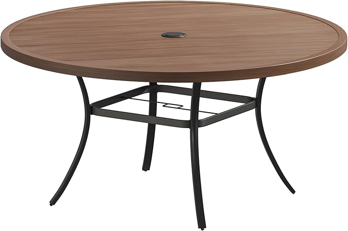 VICLLAX Outdoor Patio Round Dining Table, 60"x 60" Metal Slatted Round Tabletop with Adjustable Umbrella Hole for Deck Lawn Garden Backyard, Walnut