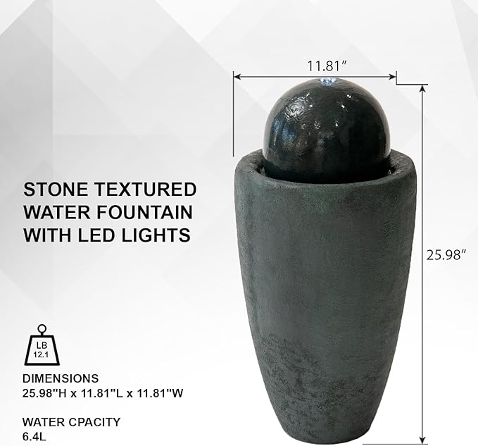 XBrand 25.98" H Round Stone Indoor/Outdoor Modern Stone Textured Sphere Water Fountain w/LED Lights, Ball Fountain Decor, Dark Green
