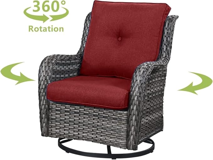 HUMMUH 3-Piece Swivel Rocking Rattan Chair Outdoor, Patio Bistro Furniture Conversation Set, Cushioned Wicker Chair with Glass Coffee Table(Grey, Red)