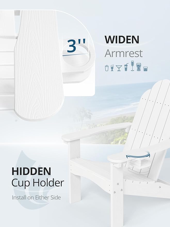 LUE BONA HDPE Adirondack Chairs Set of 2,Plastic Adirondack Chairs with Cup Holder Weather Resistant for Outdoor, Patio, Lawn, Garden, Backyard Deck, Fire Pit, White