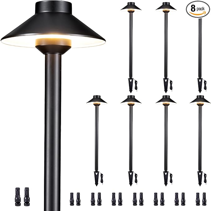 Gardenreet Brass Low Voltage Path Lights - 12V LED Landscaping Pathway Lamp IP65 Waterproof, Wired Walkway Lighting Outdoor, Mushroom-top Black for Lawn Backyard Garden G4 Bulb Not Included (8 Pack)