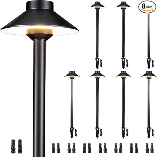 Gardenreet Brass Low Voltage Path Lights - 12V LED Landscaping Pathway Lamp IP65 Waterproof, Wired Walkway Lighting Outdoor, Mushroom-top Black for Lawn Backyard Garden G4 Bulb Not Included (8 Pack)