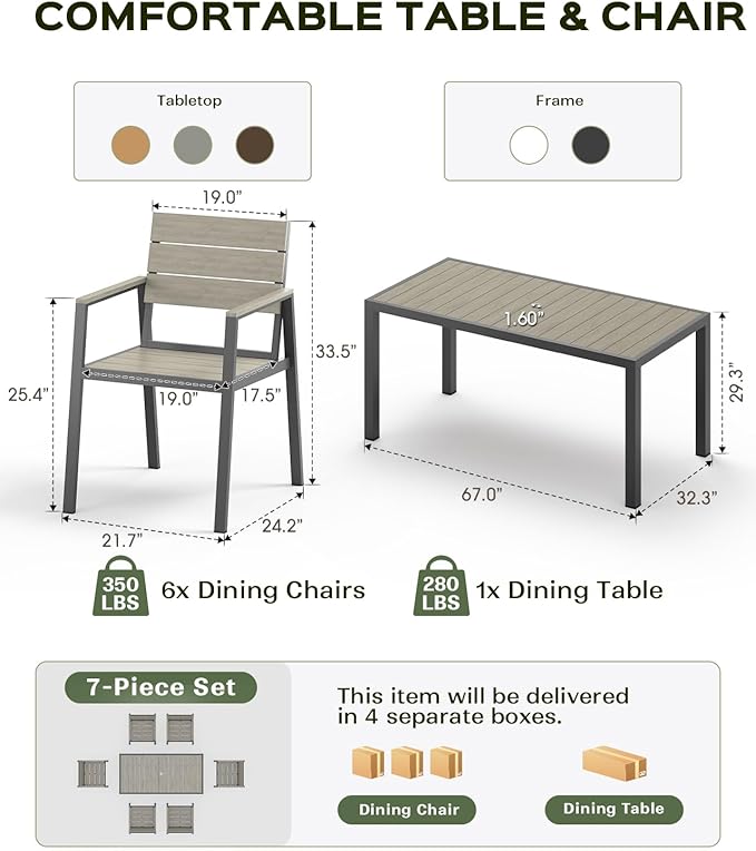 Outdoor Dining Set for 6, Patio Table and Chairs Set, Aluminum Patio Furniture Set with Umbrella Hole, HDPS Patio Dining Table Set for 6 (Gray)