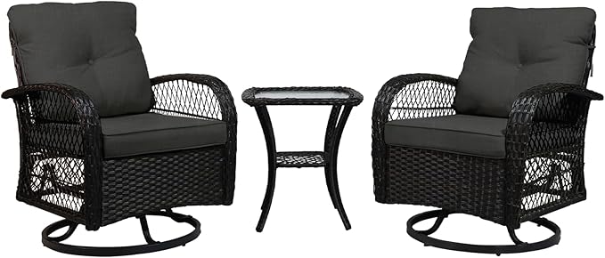 Patio Furniture Set Swivel Rocker, Outdoor Patio Chairs, 3 Piece Suit Porch Furniture Rocking Set, Backyard and Garden Rocker Rattan Chair, with Thickened Cushions and Glass Coffee Table(Grey)