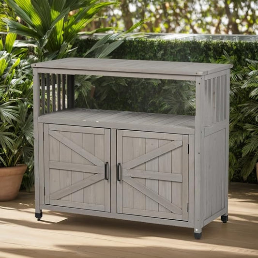 Modern Grey Solid Wood Patio Bar Table Set with Convenient Storage – Ideal Buffet Cabinet Sideboard for Outdoor and Indoor Use!