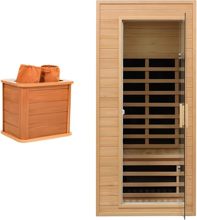 1 Person Infrared Sauna, Low EMF FAR Infrared Saunas for Home, 1200 watt Canadian Hemlock Indoor Sauna Room with LED Reading Lamp, LCD Display Control, Blue-Tooth Audio