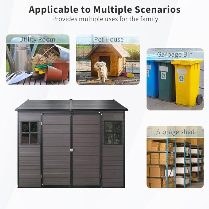8x6 FT Resin Outdoor Storage Shed with Floor and 2 Windows, Outside Plastic Sheds Storage Clearance w/Lockable Door, Backyard Garden Tool House for Patio, Yard, Lawn, Bike, Brown