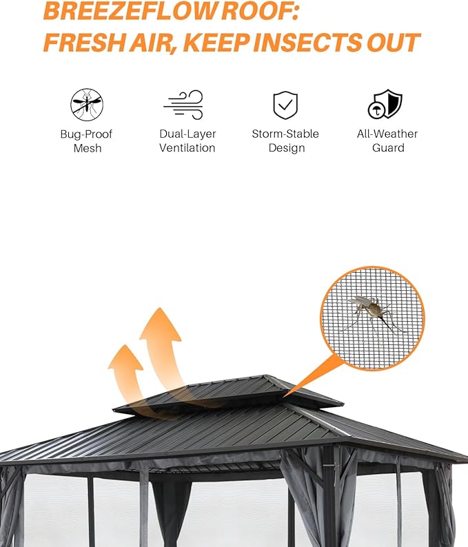 12' x 20' Hardtop Gazebo, Outdoor Patio Gazebo, Aluminum Frame Patio Hardtop Gazebos with Netting and Curtain, Outdoor Patio Pergola with Double Steel Roofs for Deck, Lawn, Parties, Slate Gray