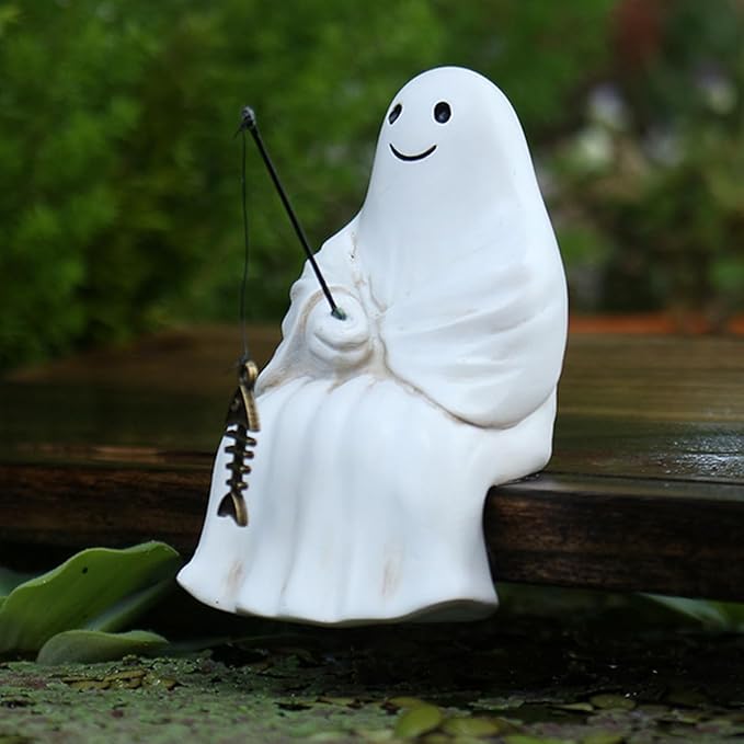 Fishing Ghost Statue Funny Halloween Decorations, 3.35 Inch Cute Sitting Ghost Figurine Shelf Sitter Resin Sculpture for Outdoor Garden Yard Lawn Pond Waterfalls Pool Ornaments