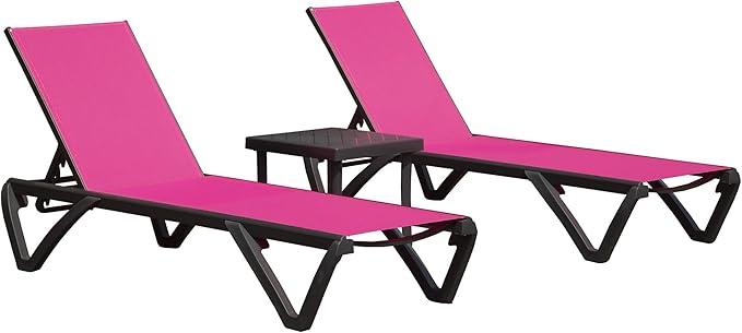Domi Pool Lounge Chairs, Aluminum Patio Chaise Lounge with Side Table, Wheels, 5 Position Adjustable, All Weather Outdoor Lounge Chairs for Beach, Yard, Balcony, Poolside, Pink