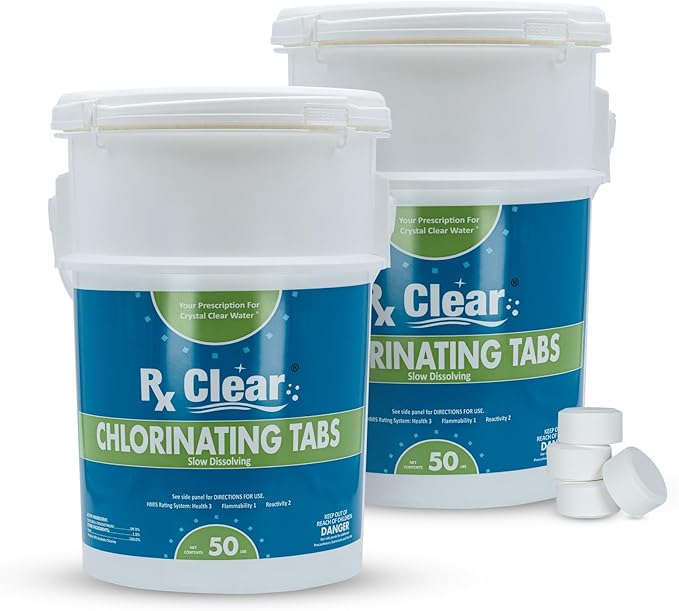 Rx Clear 1" Inch Chlorine Tabs | 100 Pounds | Use Tablets as Bactericide, Algaecide, & Disinfectant in Swimming Pools | Stabilized, Long Lasting, Slow Dissolving, & UV Protected (2 x 50 LB Buckets)