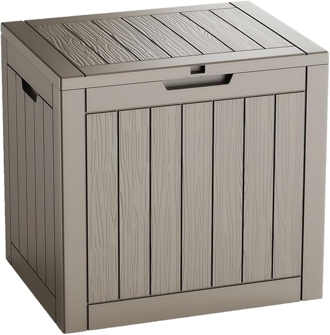 30-Gallon Outdoor Deck Box with Wood-Grain Finish, UV Resistant Waterproof Storage Container with Lock, Storage Box for Camping, Garden & Backyard, Multi-Functional Seat and Table, Light Brown