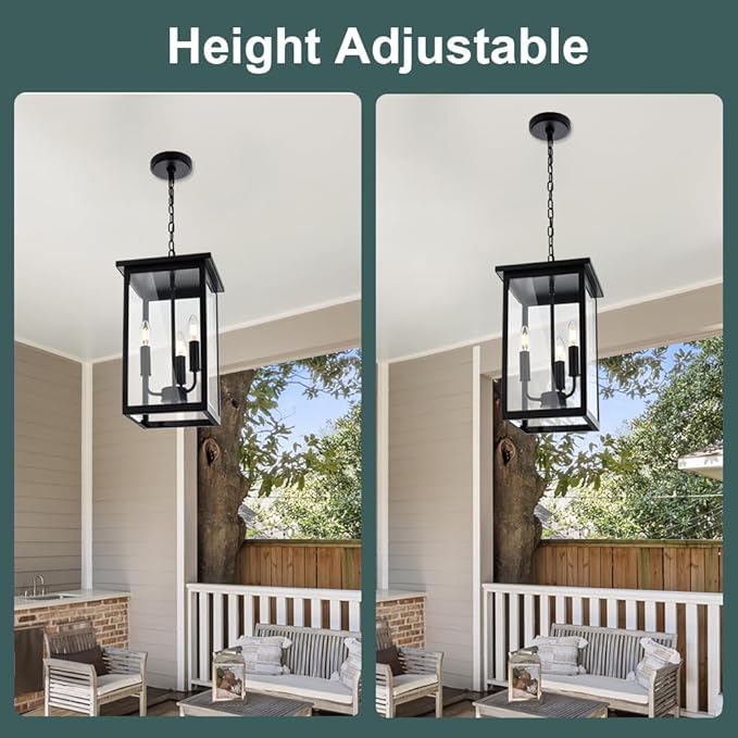 3 Lights Indoor Pendant Light Black Outdoor Chandelier Exterior Hanging Fixture Ceiling Mount with Clear Glass Shade Hanging Lantern Light Adjustable Pendant Light for Outdoor Hallway
