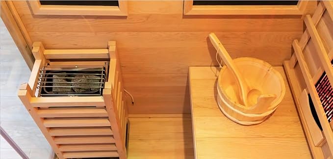 Luxury Dual-System Wood Sauna Room for 4-6 Person, Hybrid Indoor Sauna Spa,Canadian Hemlock, 6KW Heater, 195°F Steam+149°F Far Infrared, 12 Heating Elements, 220V, Oxygen Ionizer, 8mm Tempered-Grass