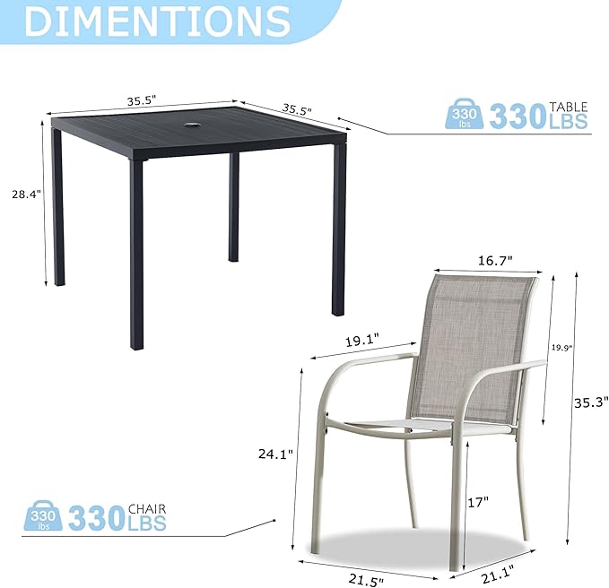 5 Pieces Round Dining Table Set for 4, Patio Dining Set Includes 4 Grey Stackable Patio Chairs and 1 Black Square Table, Patio Furniture Setss with Sling Support for Outside, Garden