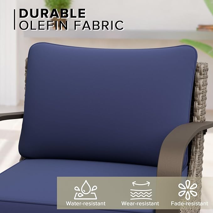 COOS BAY Aurora Terrace Outdoor Chairs with Cushions, Wicker Dining Set with Deep 4-Inch Seating, Modern Curved Armrest Porch Chairs, Set of 2, Beige/Blue