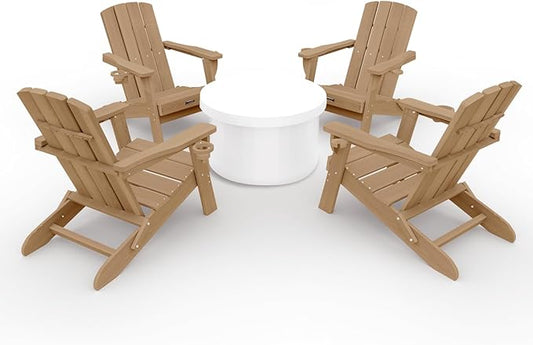 Folding Adirondack Chair Wood Texture 4 Pack, HDPE All-Weather Fire Pit Chairs, Plastic Adirondack Chairs with 2 Cup Holder, Outdoor Lawn Chair for Patio Garden (Teak)