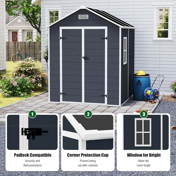 6x6 FT Outdoor Storage Shed with Floor and Window, Waterproof Resin Garden Tool Sheds w/Lockable Door, Vents & Sloped Roof, All-Weather Plastic Tool House for Patio, Backyard, Lawn, Dark Gray