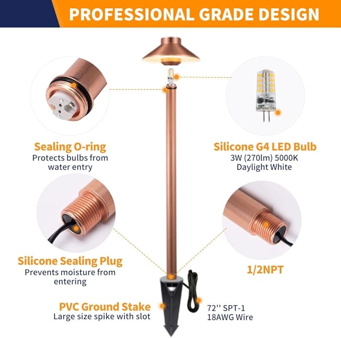 Gardenreet Outdoor Brass Low Voltage Driveway Lights, Copper Electric Waterproof Pathway Lighting, Wired Bronze Hat Top Path Lights for Sideway Garden Patio with 3W 270LM 5000K G4 Bulb 10 Pack