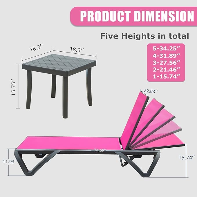 Domi Pool Lounge Chairs, Aluminum Patio Chaise Lounge with Side Table, Wheels, 5 Position Adjustable, All Weather Outdoor Lounge Chairs for Beach, Yard, Balcony, Poolside, Pink