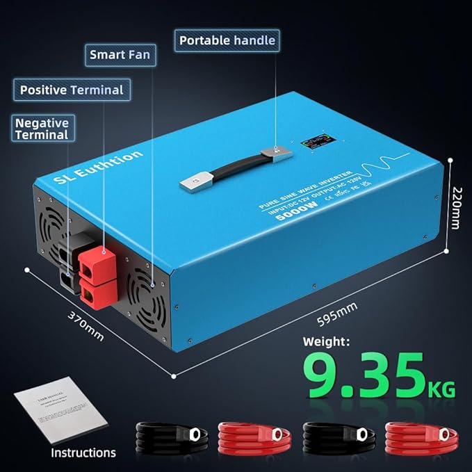 5000W Pure Sine Wave Power Inverter Voice Control AI Voice Assistant Support English 24V to 120V 60HZ with LCD Display, USB Port, for Car Home Laptop Truck