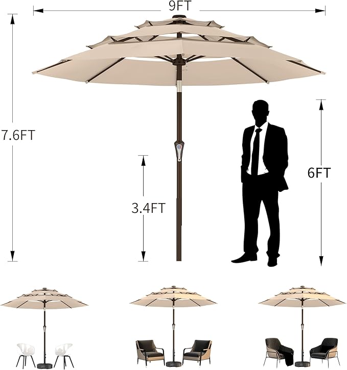 Ayge 9FT 3-Tier Large Outdoor Patio Umbrella Market Table Umbrella-UV Resistant,Easy Push Button Tilt and Crank,8 Sturdy Fiberglass Ribs Heavy-Duty Pool Umbrella for Deck,Backyard,Garden,Yard,Red