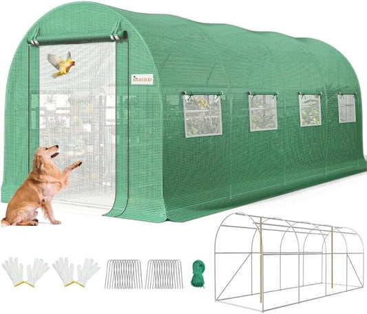 KING BIRD Premium 15x6.6x6.6FT Greenhouse for Outdoors, Large Walk-in Heavy Duty Galvanized Frame, Screen Mesh Door Window Reinforced Zipper Tunnel Hoop for Garden Plant Winter, Green
