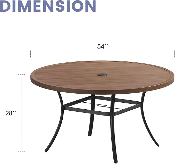 VICLLAX Outdoor Patio Round Dining Table, 53"x 53" Metal Slatted Round Tabletop with Adjustable Umbrella Hole for Deck Lawn Garden Backyard, Walnut