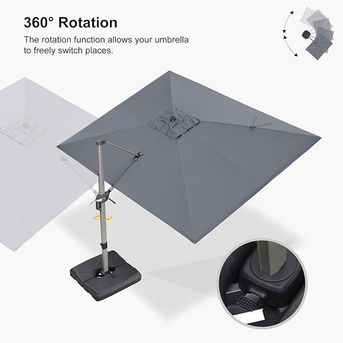 PURPLE LEAF 9' x 11' Patio Umbrella with Base Cantilever Umbrella Rectangular Outdoor Offset Umbrella with Champagne Frame and 360° Rotation for Garden Deck Pool, Light Grey