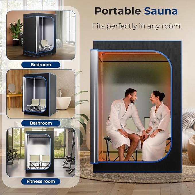 SereneLife Portable Sauna for Home, 2 Person Steam Sauna Tent with 4L Steamer, 2 Folding Sauna Chairs, Remote Control In-Home Spa, 71"x47" - inches (Black)