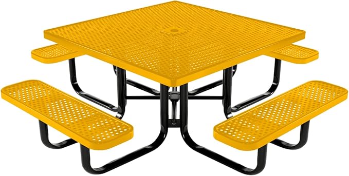 COATEDOUTDOORFURNITURE Heavy-Duty Portable Outdoor Kids Table with Umbrella Hole, Punched Steel Kids Picnic Table, Commercial-Grade, Made in America (46 in, Square, Childrens, Yellow)