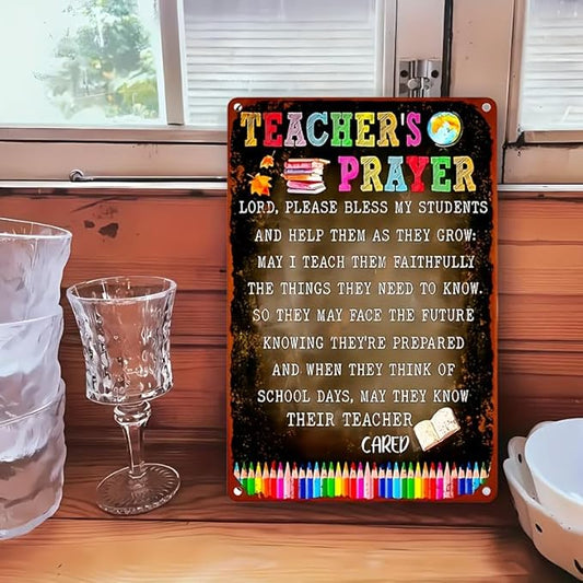 1pc Vintage Teacher Prayer Metal Tin Sign, Iron Wall Hanging Decorative Plaque for Classroom, Home, Bar, Cafe, Garage, Multipurpose Use Without Electricity, Pre-Drilled Holes - 12x8 inches