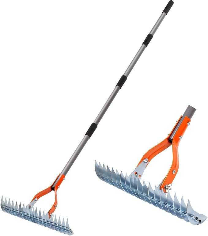 Thatch Rake for Lawn - 40" to 70" Adjustable Dethatching Rake, Heavy Duty Metal Thatching Tool for Turf Garden Maintenance