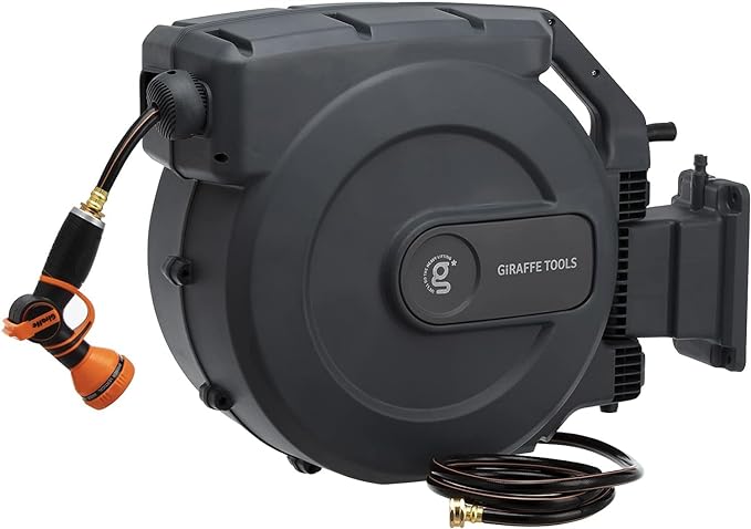 Giraffe Tools Retractable Garden Hose Reel 1/2 Inch x 155 with 5 ft Leader Hose, Heavy Duty, Any Length Lock, Slow Return System, Wall Mounted and 180 Deg Swivel Bracket