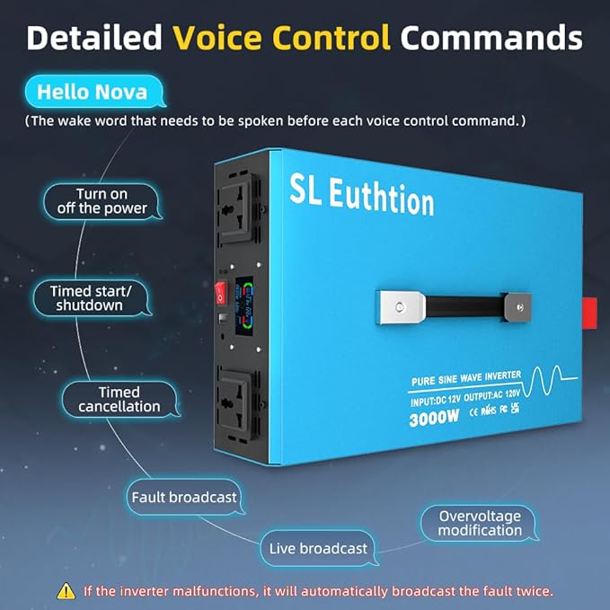 3000W Pure Sine Wave Power Inverter Voice Control AI Voice Assistant Support English 12V to 120V 60HZ with LCD Display, USB Port, for Car Home Laptop Truck