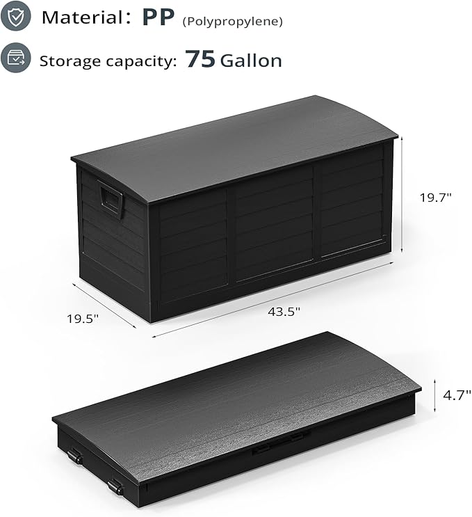 Outvita Foldable 75 Gallon Outdoor Storage Box, Plastic Storage Containers with Lid, Patio Deck Box Furniture for Garden, Pool, Balcony, Yard (Black)