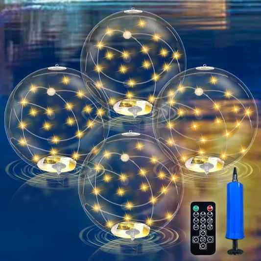 4 Pack Solar Floating Pool Lights, 14 Inch 3000K Warm White Inflatable LED Pool Balls with Remote, IP68 Waterproof Pool Lights That Float for Swimming Pool Party Yard Outdoor Decor