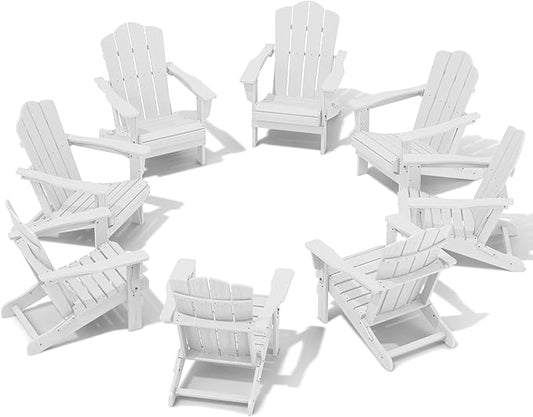 KINGYES Folding Adirondack Chair Set of 8, HDPE All-Weather Folding Adirondack Chair, White