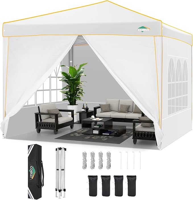 COBIZI 10x10 Pop Up Canopy, Party Tents for Parties Waterproof Outdoor Event Shelter with 4 Sidewalls and 4 Sandbags UV Protection 50+ Camping Commercial Wedding Portable Tent for Backyard, White