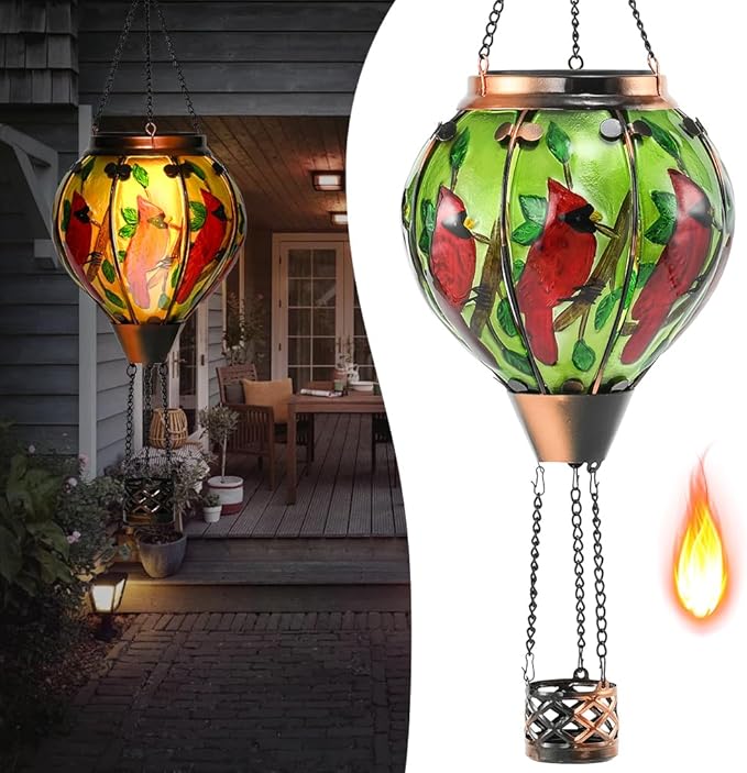 Hot Air Balloon Solar Lantern - Cardinal Bird Glass Lantern, Simulated Flickering & Dancing Flame, Outdoor Hanging Yard Light Waterproof IP65 for Patio Lawn Porch Decor Gift