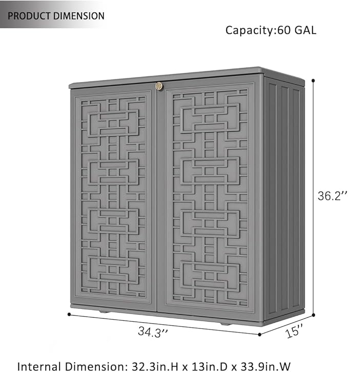KINYING Outdoor Storage Cabinet Waterproof, Resin 60 Gallon Deck Box for Patio Furniture Cushions, Garden Tools, Pool Tools and Kids’ Toys (Grey with 1 Shelving)