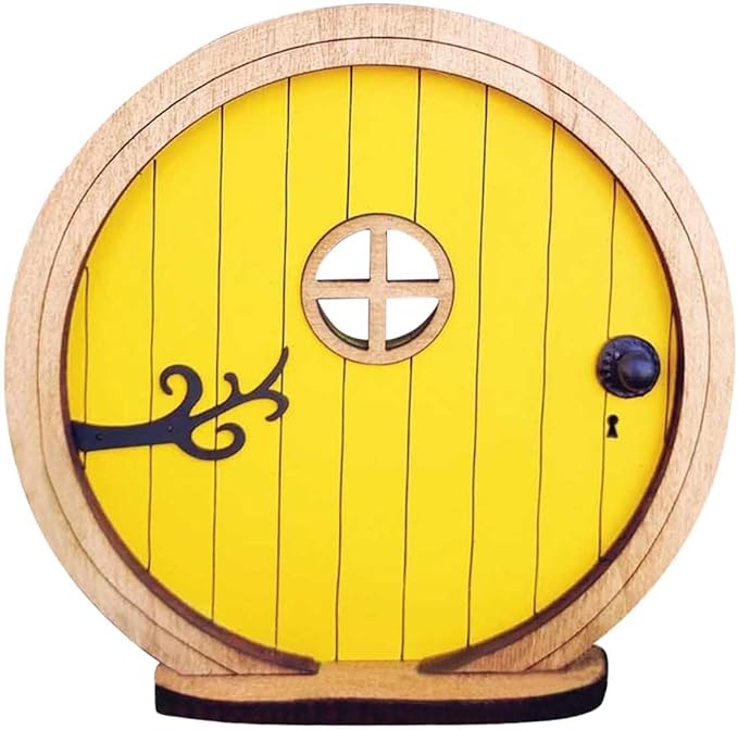 1Pc Fairy Garden Door for Tree, Fairys Doors for Trees Outdoor and Tree Trunk, Mini Fairy Garden Sculpture Lawn Ornament Decor, Fairytales Door Decoration，Gardens Miniatures (Yellow)