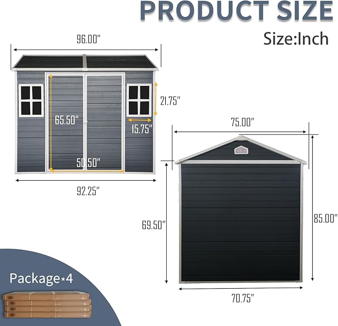 Outdoor Storage Shed with Two-Window and Double-Door, Resin Storage Shed with Lockable Door, Plastic Shed with Floor for Gargen, Patio, Yard, Lawn (Black, 8 x 6 FT)