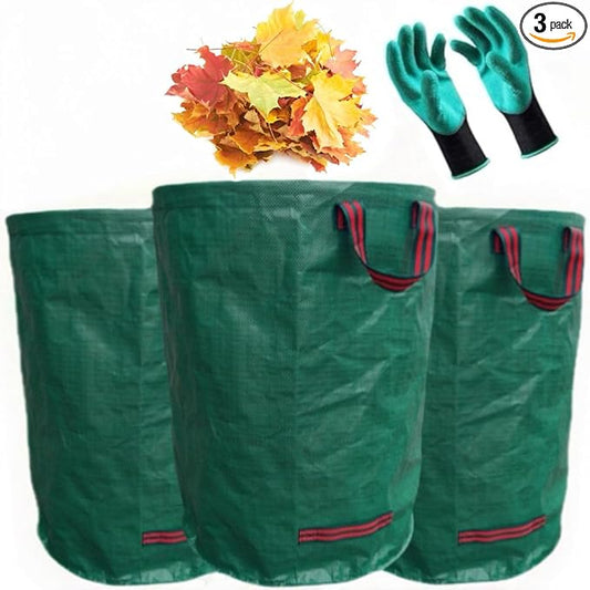 3-Pack 72Gallons Reusable Yard Waste Bags,Leaf Bags,Heavy Duty Garden Bags(26"D x 30"H) With 4 Handles,and With Gardening Gloves,For Lawn Yard Pool Plant Trash Trimming etc..