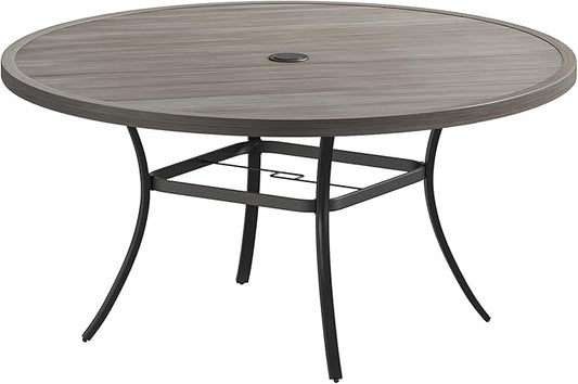 DIFY 60" Round Outdoor Patio Dining Table for 8-10, Metal Patio Table with 1.57" Adjustable Umbrella Hole, All-Weather Dining Furniture Table for Backyard Lawn Garden, Grey Wood-Like