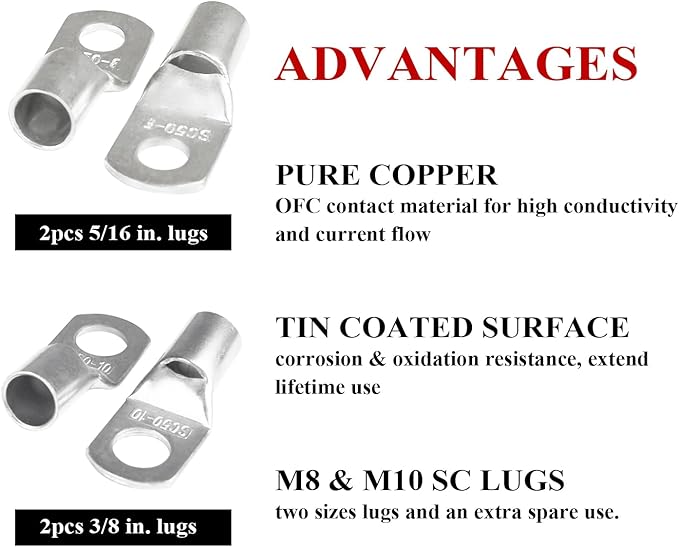 2 Gauge Battery Welding Cable (Black, 2 Feet) - 2 AWG Copper Clad Aluminum Power Wire with M8 & M10 Copper Cable Lug Ends for Auto, Camper, RV, Truck, Solar Low Voltage Jumper Wiring