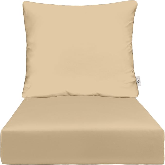 RSH DECOR: Deep Seating Cushion with Pillow Back | 23” x 26” Seat | All-Weather Spun Fabric | Water and Fade-Resistant | Outdoor Chair Cushion Set for Patio Furniture | Tan