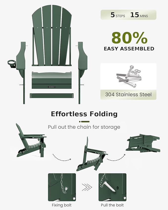 MUCHENGHY Folding Adirondack Chairs Set of 2, Patio Chairs, Lawn Chairs, Outdoor Chairs, Adirondack Chair Plastic, Fire Pit Chairs, Weather Resistant with Cup Holder for Deck, Backyard, Garden(Green)
