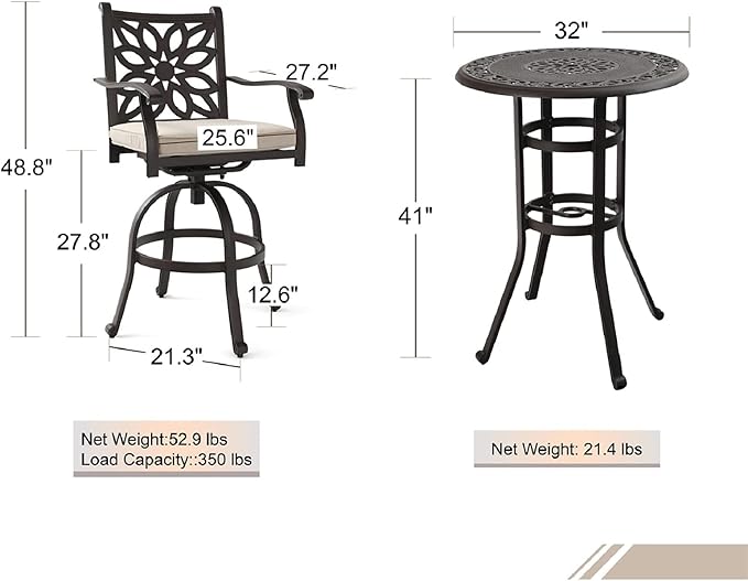 MFSTUDIO 3 PCS Retro Cast Aluminum Patio Bar Set with 2 Swivel Bar Height Stool and 1 Bar Round Table, All Weather Resistant Outdoor Table and Chairs Set