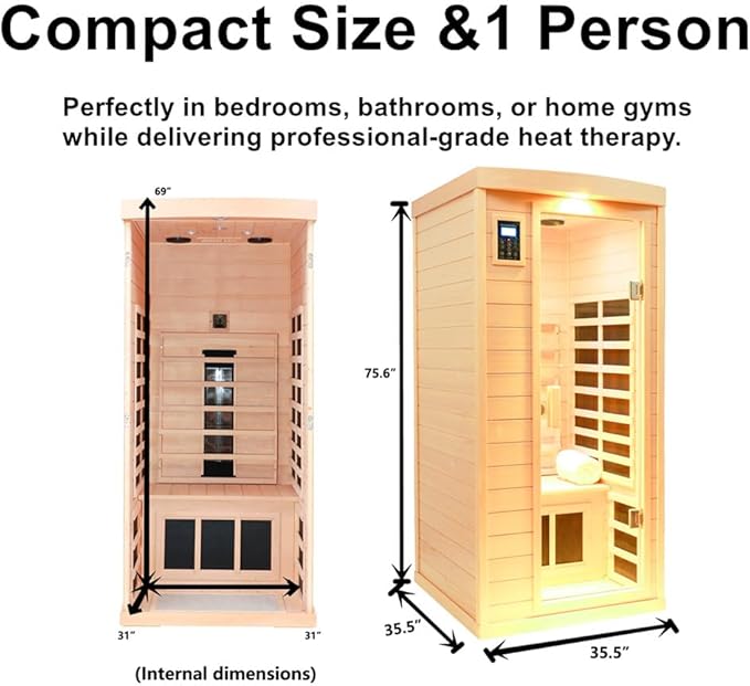 Ceramic Infrared Sauna 1 Person, Low EMF FAR Infrared Indoor Sauna for Home, 1300w Canadian Hemlock Wood Saunas with 6 Heating Panels, Blue-Tooth Control, LCD Display, LED Reading Lamp
